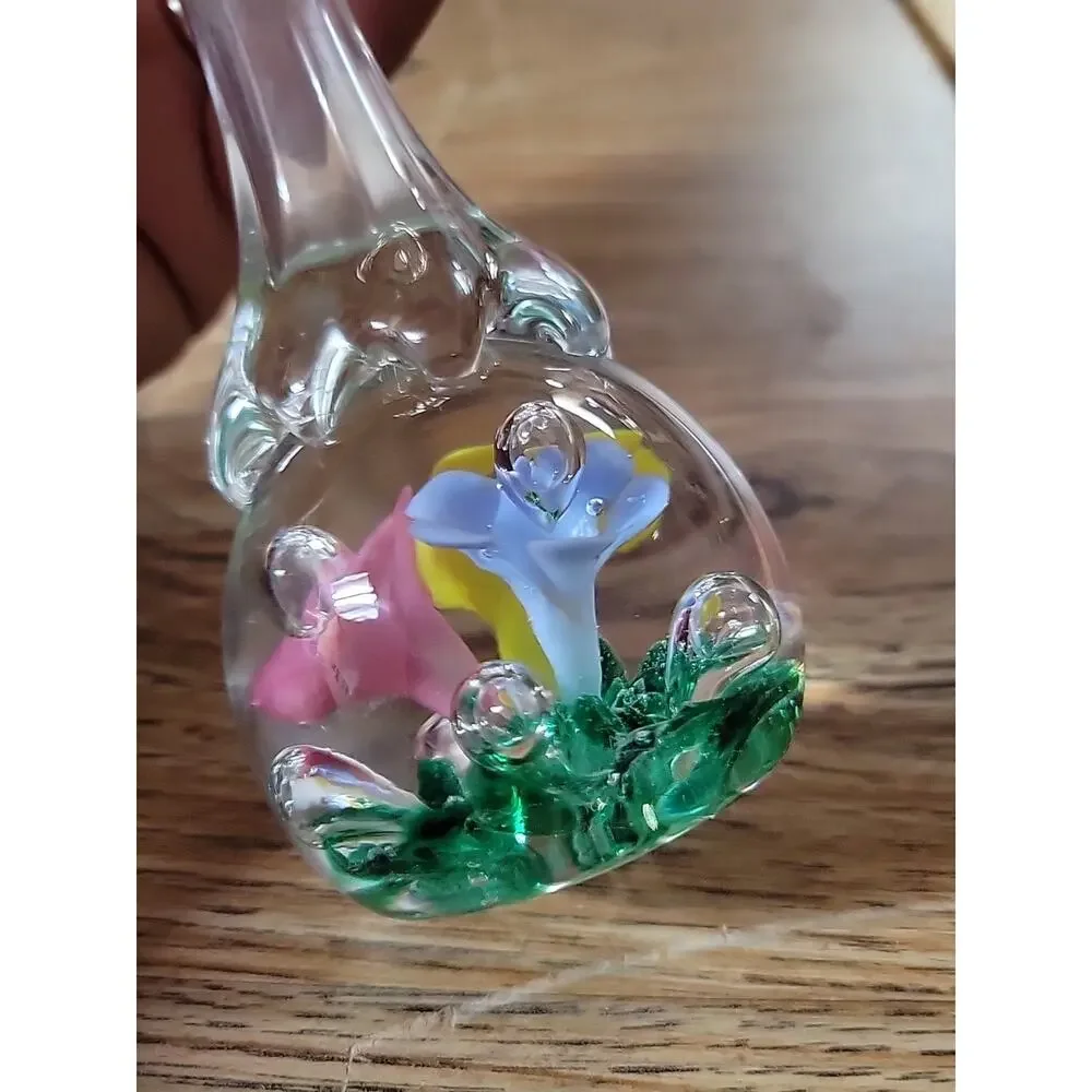 Vintage Retro Blue Yellow Glass Pink Trumpet Floral Paperweight Vase
